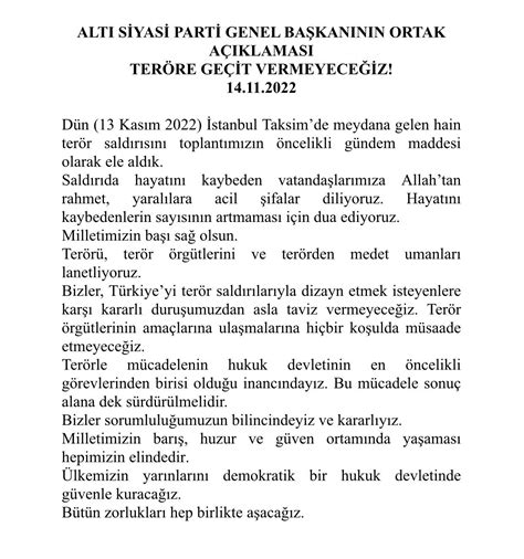 Altılı masanın 8 toplantısı başladı Taksim saldırısına karşı kınama metni