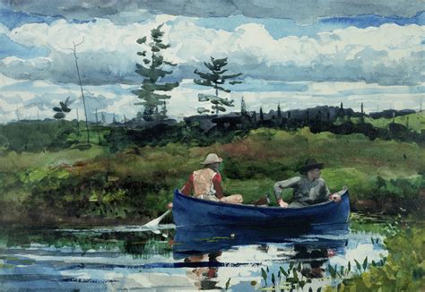 The Blue Boat Two Men River Fishing Small Canoe 1892 American Painting