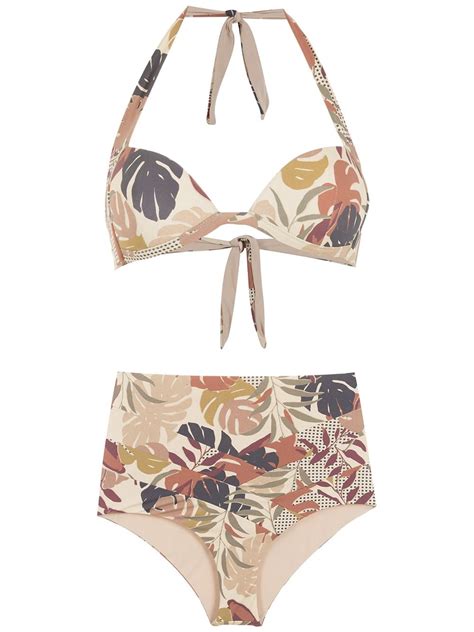 Amir Slama Palm Leaf Print High Rise Bikini Neutrals Farfetch Uk