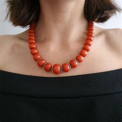 Red Coral Necklace Minimalist Beaded Choker Round Coral Beads Orange