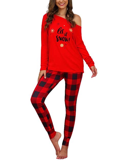 Plus Size Women Christmas Pajamas Matching Sets Long Sleeve Tops Plaid