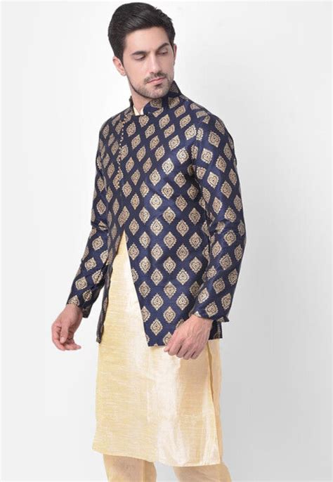 Buy Golden Printed Dupion Silk Kurta In Light Beige And Navy Blue