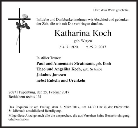 Traueranzeigen Von Katharina Koch Noz Trauerportal