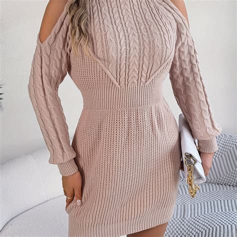 Dunnmall Solid Knit Sweater Dress Casual Turtleneck Cold Shoulder Lon