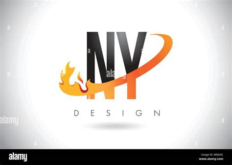 Ny N Y Letter Logo Design With Fire Flames And Orange Swoosh Vector Illustration Stock Vector