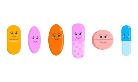 Cute pills characters isolated on white background. Set of tablets and capsules icons with funny ...