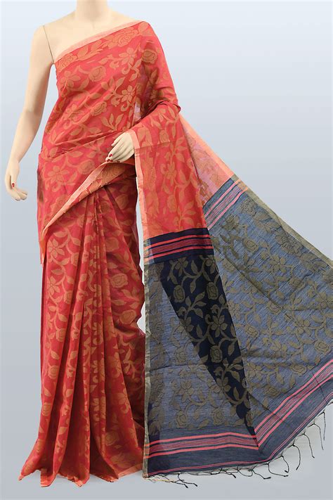 Red Colour Bengal Handloom Cotton Saree Without Blouse Mc