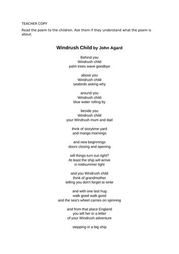 Windrush Child by John Agard Lesson Activities | Teaching Resources