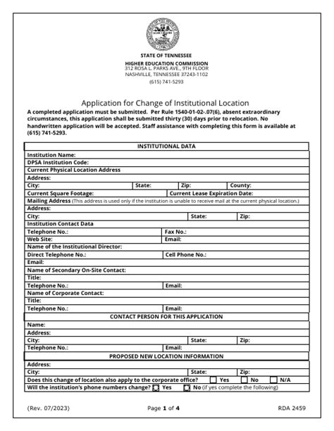 Tennessee Application For Change Of Institutional Location Fill Out