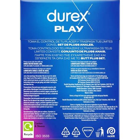 Durex Anal Butt Plug Set Firme Y Flexible Resistente Al Agua