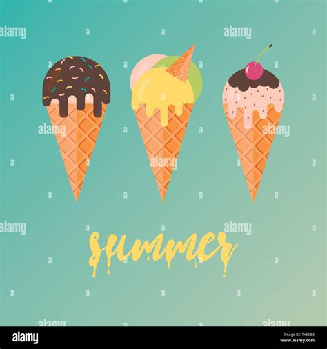 Collection Of 3 Vector Ice Cream Illustrations Flat Design Stock