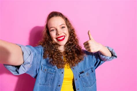 Photo Of Cheerful Pretty Lady Dressed Denim Jacket Tacking Selfie