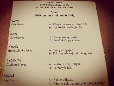 Menu at Kalocsai Halászcsárda restaurant Kalocsa