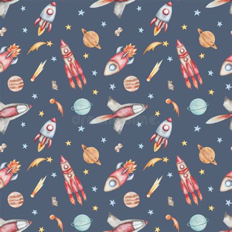 Watercolor Illustration Seamless Pattern From Hand Painted Rockets