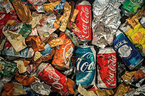 premium photo  closeup image   aluminum cans  chip bags