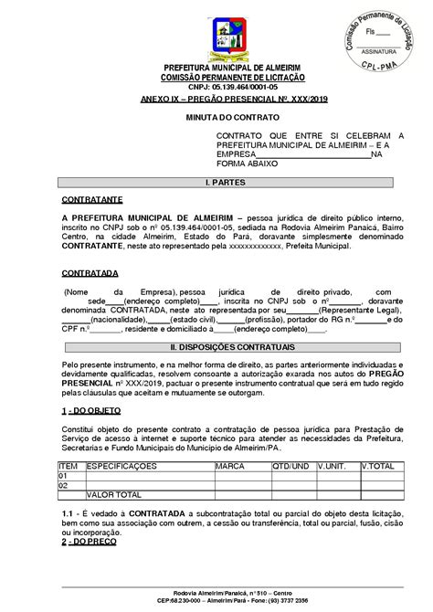 Minuta Do Contrato Prefeitura Municipal De Almeirim Gest O