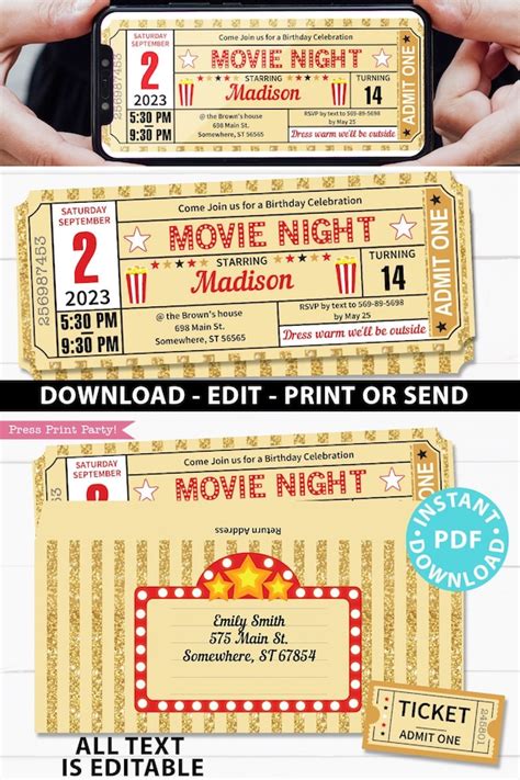 Movie Birthday Invitation Printable Gold Glitter Ticket Movie Ticket