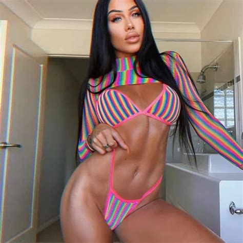 Rainbow Striped Bikini Three Piece Swimsuit Sexy Brazilian Thong Summer Long Sleeve Crochet