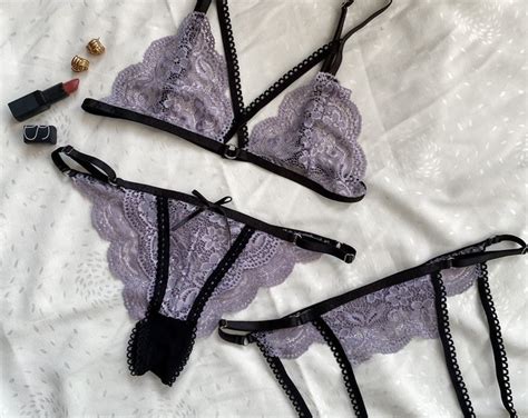 Violet Lace Lingerie Set And Ouvert Panties Handmade Lingerie Soft Cup