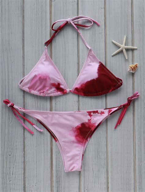 OFF Side Tie Printed Bikini Set In WINE RED ZAFUL