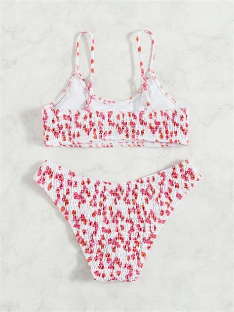 SHEIN Swim Mod Floral Print Smocked Bikini Swimsuit SHEIN IN