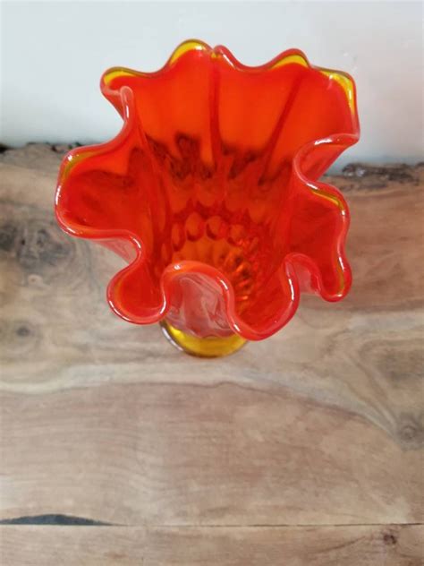 Vintage 1960 S Orange Yellow Art Glass Vase Ruffled Top Etsy