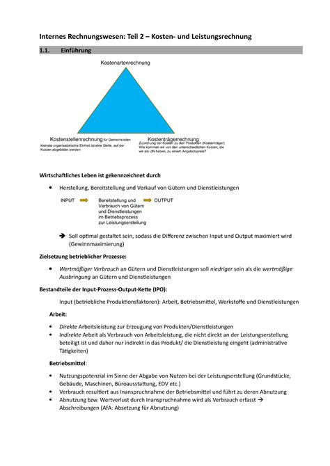 Zusammenfassung Re We Teil Internes Rechnungswesen Teil Kosten