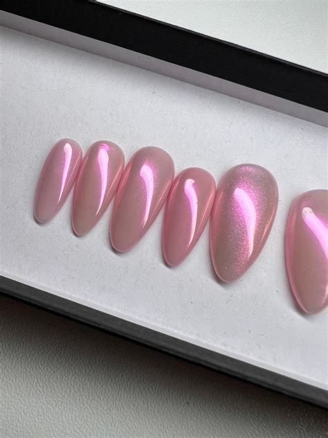 Pink Aura Chrome Almond Nude Nails Gelx Clasy Press On Nails Etsy