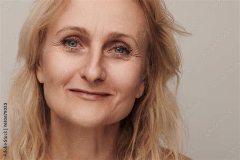Beautiful Blond Middle Aged Woman Smiling Face Looking Camera Portrait Elegant Mature Lady No