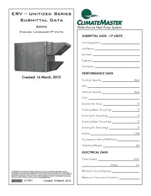 Fillable Online ERV Unitized Series Submittal Data ClimateMaster Fax