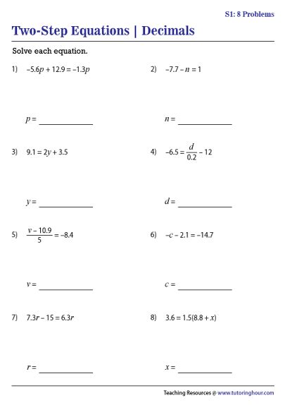 Two-Step Equations with Decimals Worksheets