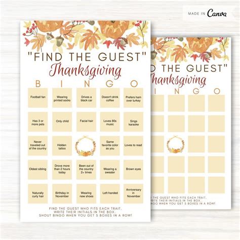 Find The Guest Bingo Thanksgiving Printable Friendsgiving Bingo