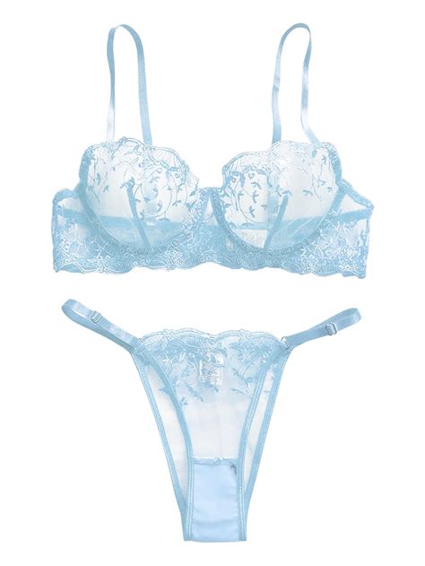 Lilosy Sexy Leaf Floral Embroidered Mesh Sheer Women Underwire Push Up Lingerie Set See Through