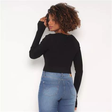 Cropped Canelado Preto PRIVALIA O outlet online de moda Nº1 no Brasil