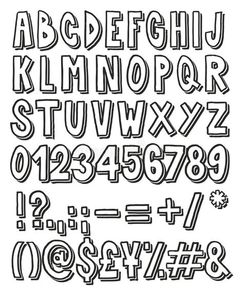 Thick Doodle Handwritten Outline With Shadow Alphabet Numbers And Signs