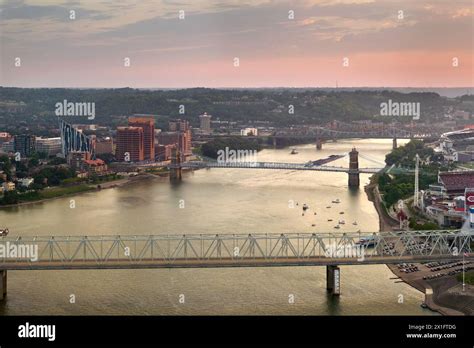 Covington, Kentucky USA. Skyline with bridge traffic and brightly ...