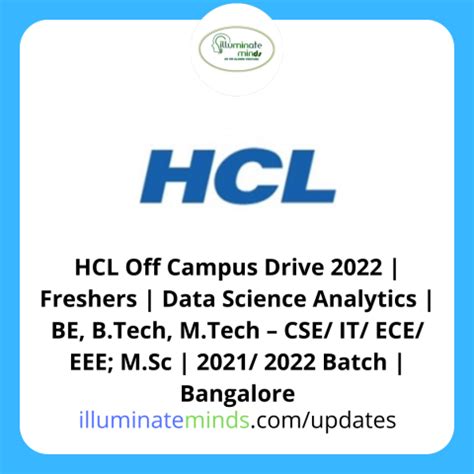 HCL Off Campus Drive 2022 Freshers Data Science Analytics BE B