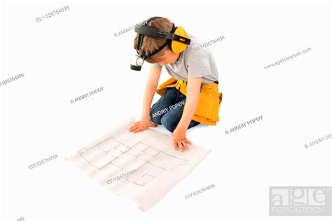 Cute Little Boy Looking At Blueprint Isolated On White Background, Stock Photo, Picture And Low ...