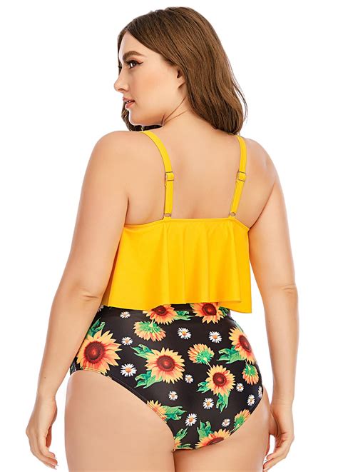 Sunflower Print Asymmetric Hem Plus Size Bikini Set Rosewe USD