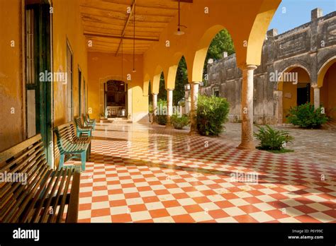 Outdoor hallway at Hacienda Yaxcopoil, a 17th century henequen plantation near Merida, Yucatan ...