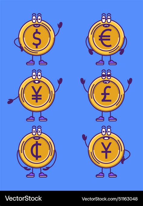 Set of currency coins in cartoon characters Vector Image