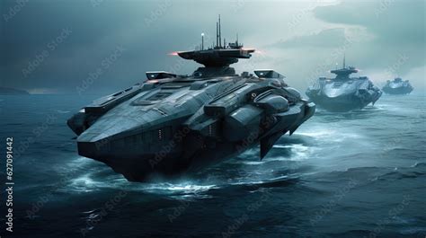 Futuristic naval ships are fighting on the sea. Generative AI Stock ...