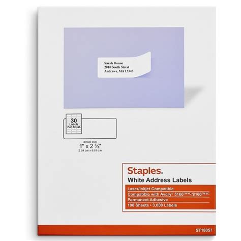 Staples Laser/inkjet Address Labels 1" X 2 5/8" White 30 Labels/sheet ...