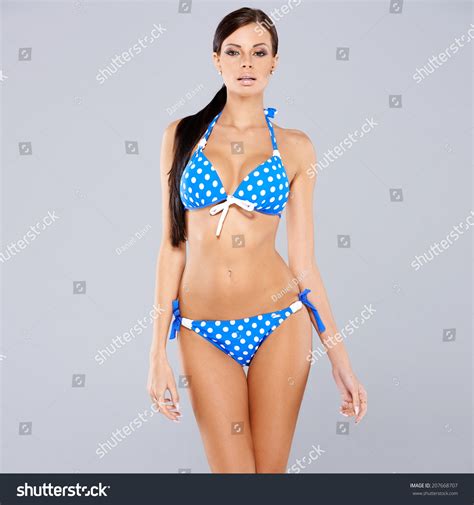 Sexy Brunette Posing Blue Swimsuit While Stock Photo Edit Now