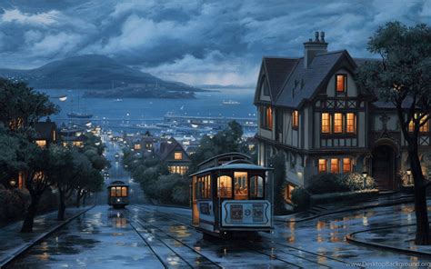 a painting of a trolley car on a rainy night with the city in the ...