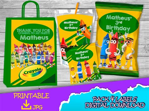 Crayola Birthday Pack Chip Bag Fruit Snacks Favor Bag Juice Labels