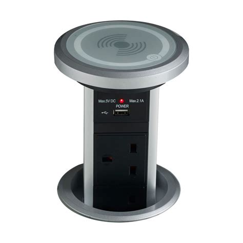 Silver Motorised Pop Up Socket Power Port With Qi Usb Charger