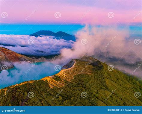 Aerial View Amazing Of Mountains Rock Cliff At Kawah Ijen Volcano With