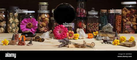 Meditation Altar With Rock Crystals And Flowers Large Obsidian Crystal