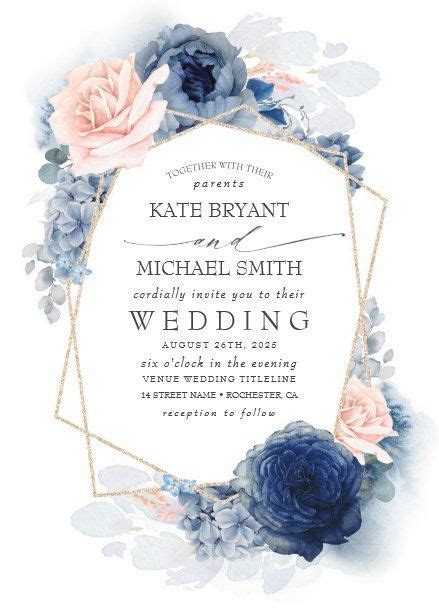 Blush Dusty And Navy Blue Floral Wedding Invitation Zazzle Silver